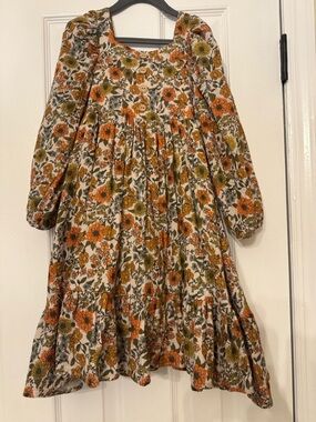 Girls' Floral Long-Sleeve Dress - Orange & Olive